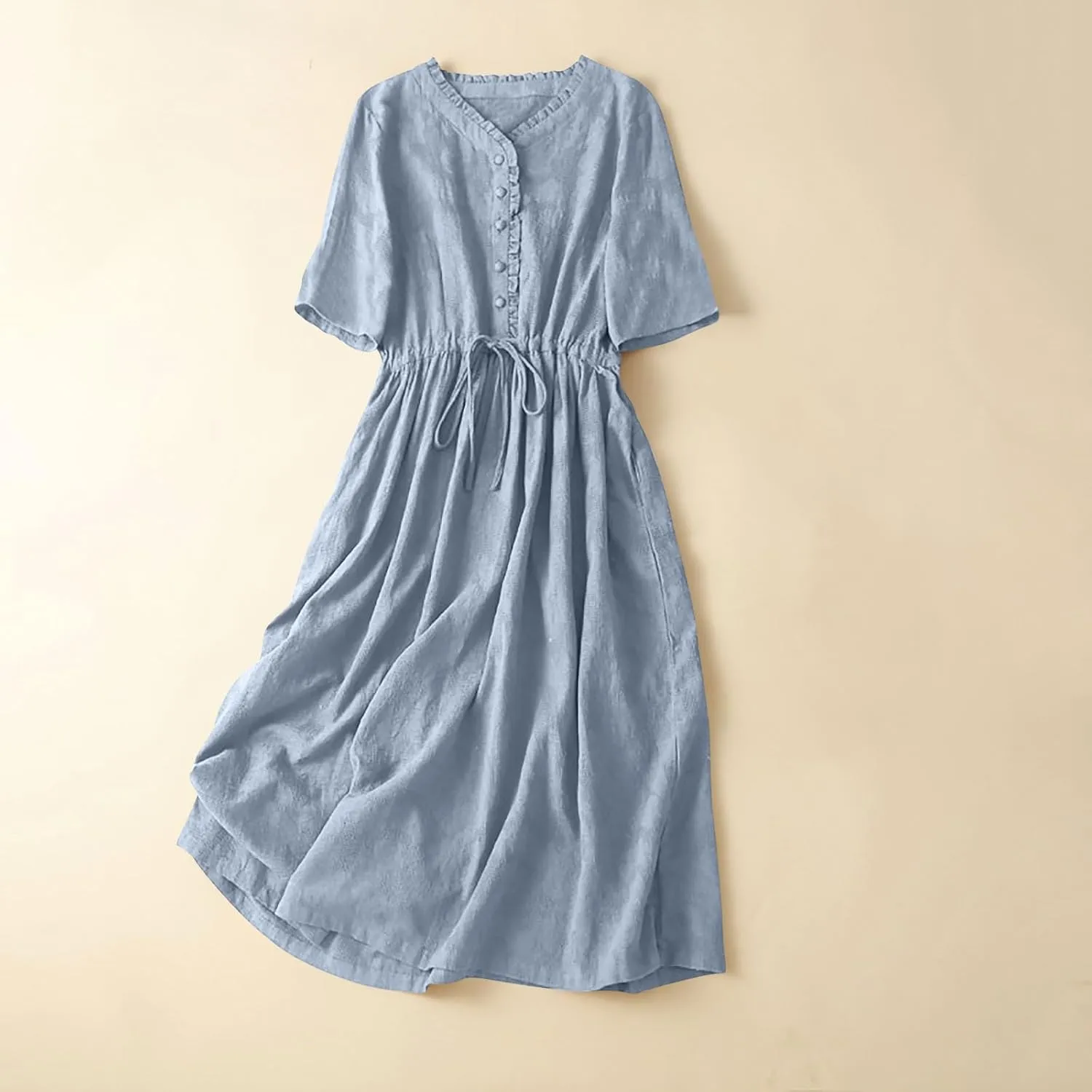 Women's Cotton Linen Dresses Summer Embroidered Sleeve A Line Comfy Cotton Maxi Dress Trendy Summer Vacation Clothes
