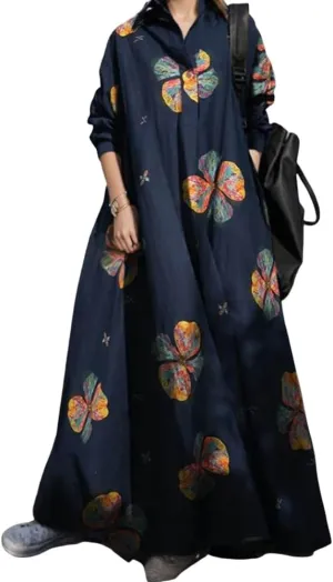 Womens Cotton Linen Plaid Long Sleeve Maxi Shirt Dress Lightweight Oversize Casual Loose Long Dresses with Pockets