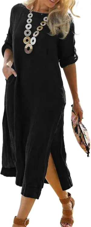 Women's Cotton Linen Short Sleeves Dress Summer Casual Roll Up Crewneck Midi Dress Solid Lounge Dresses with Pockets