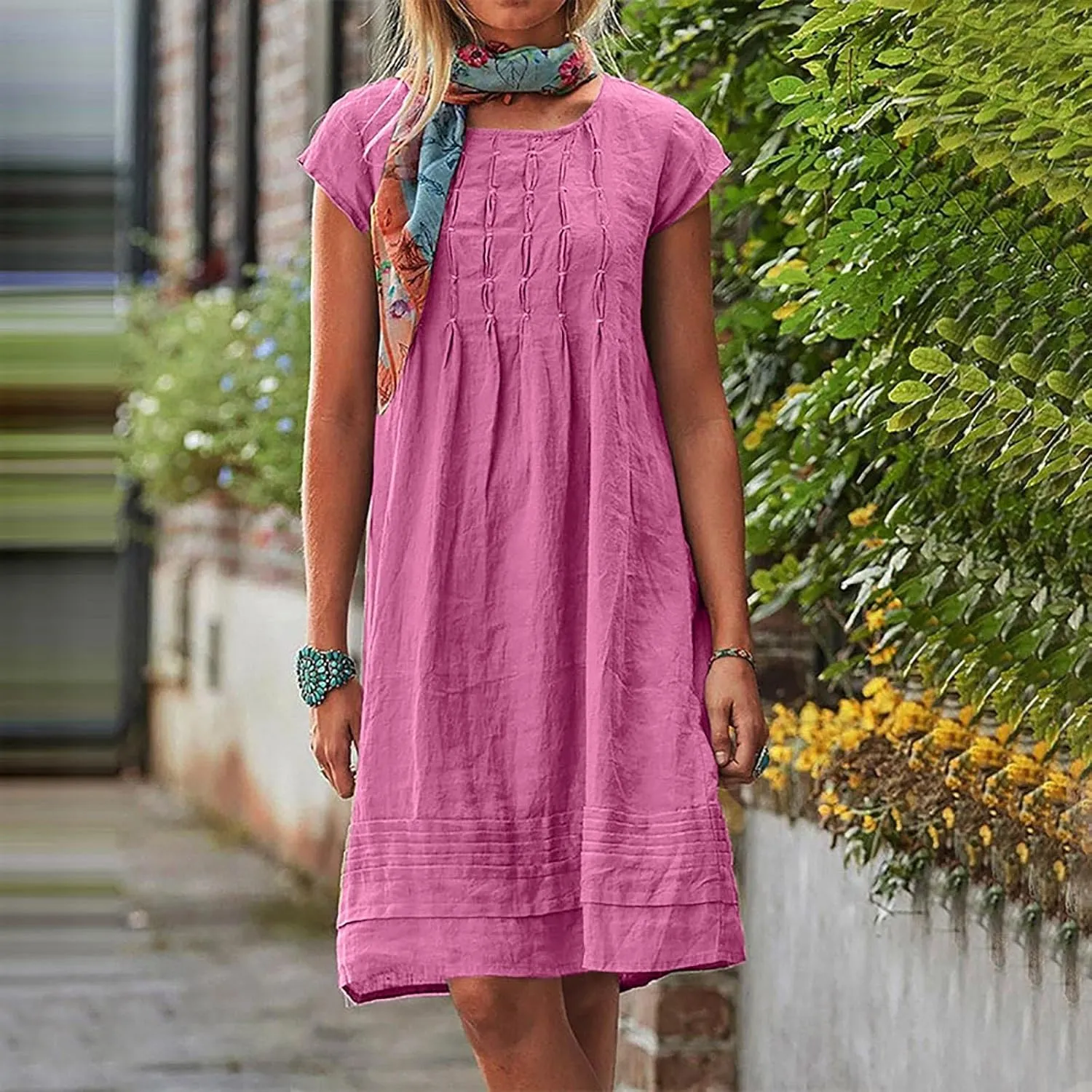Women's Cotton Linen Summer Dresses 2024 Sleeveless Pleated Dress Casual Knee Length Dress Comfy Summer Lounge Outfits