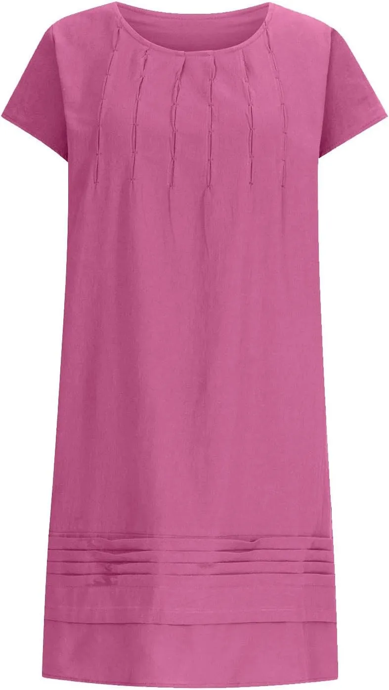 Women's Cotton Linen Summer Dresses 2024 Sleeveless Pleated Dress Casual Knee Length Dress Comfy Summer Lounge Outfits