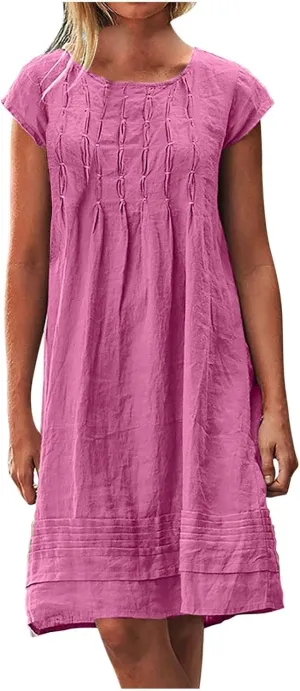 Women's Cotton Linen Summer Dresses 2024 Sleeveless Pleated Dress Casual Knee Length Dress Comfy Summer Lounge Outfits