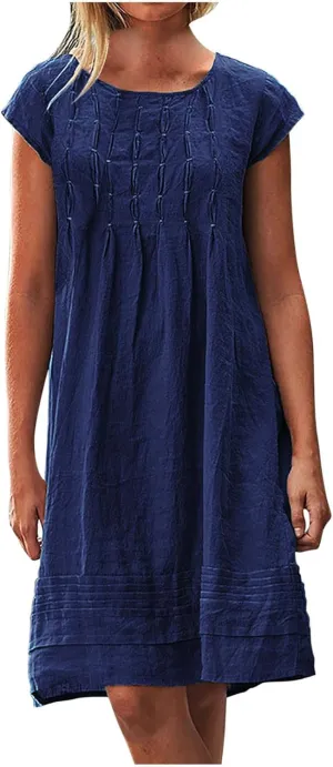 Women's Cotton Linen Summer Dresses 2024 Sleeveless Pleated Dress Casual Knee Length Dress Comfy Summer Lounge Outfits