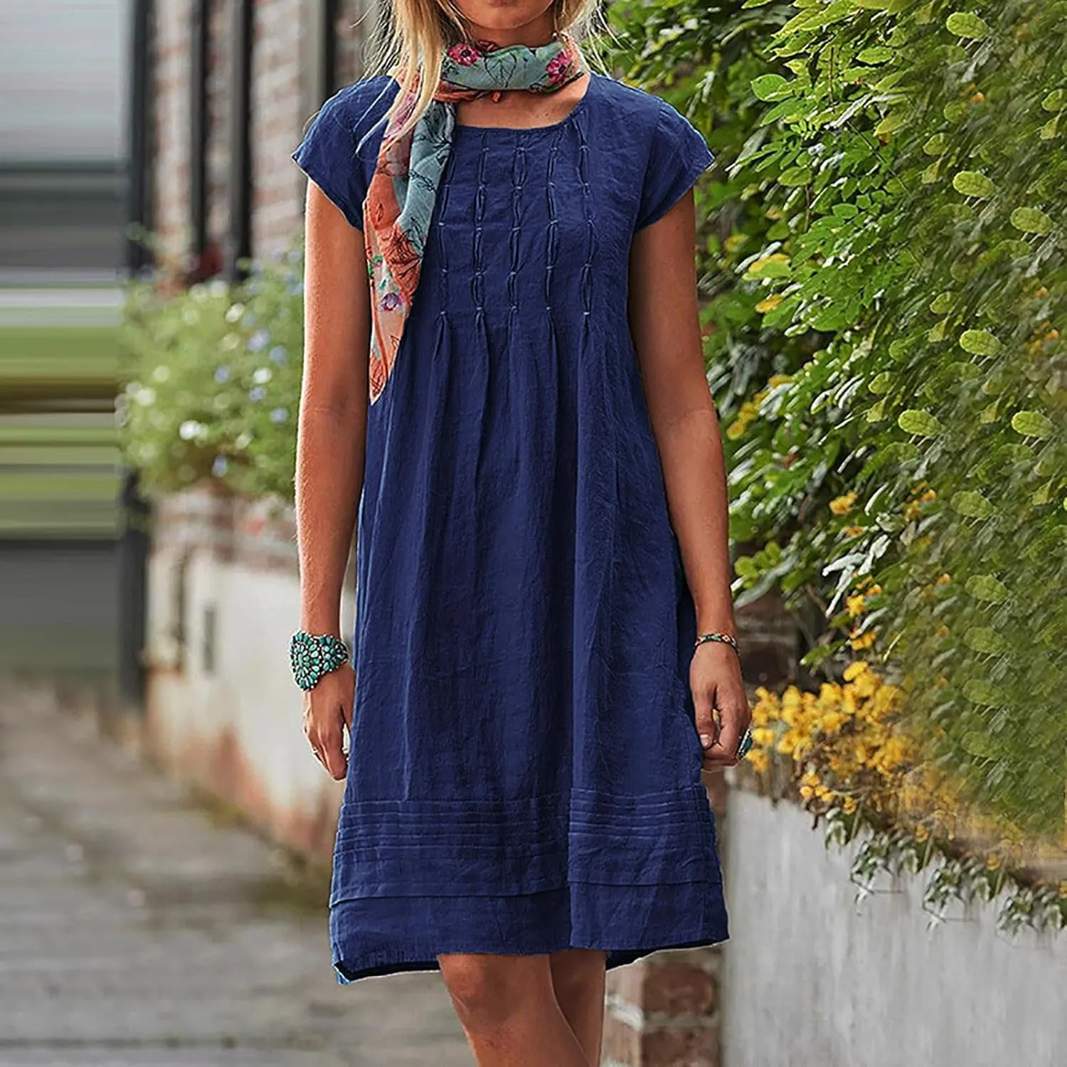 Women's Cotton Linen Summer Dresses 2024 Sleeveless Pleated Dress Casual Knee Length Dress Comfy Summer Lounge Outfits
