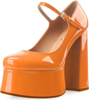Women's Dressy Platform Chunky High Heels Patent Leather Ankle Strap Closed Toe Heeled Mary Jane Pumps Shoes