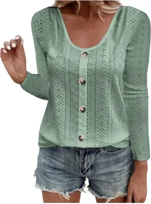 Womens Fashion Tops Eyelet Embroidery Long Sleeve Button Dwon Shirts Loose Casual 2024 Fall Clothes Comfy Shirt
