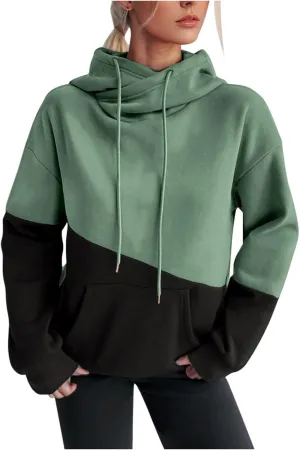 Womens Fashionable Hoodies Color Blocked Sweatshirts Drawstring Hooded Pullover with Pocket Casual Fall Outfits
