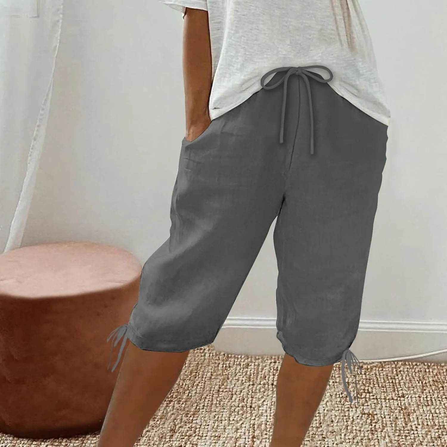Womens High Waisted Summer Short Cotton Linen Dressy Casual Shorts Drawstring Cute Bermuda Trendy Vacation Clothes