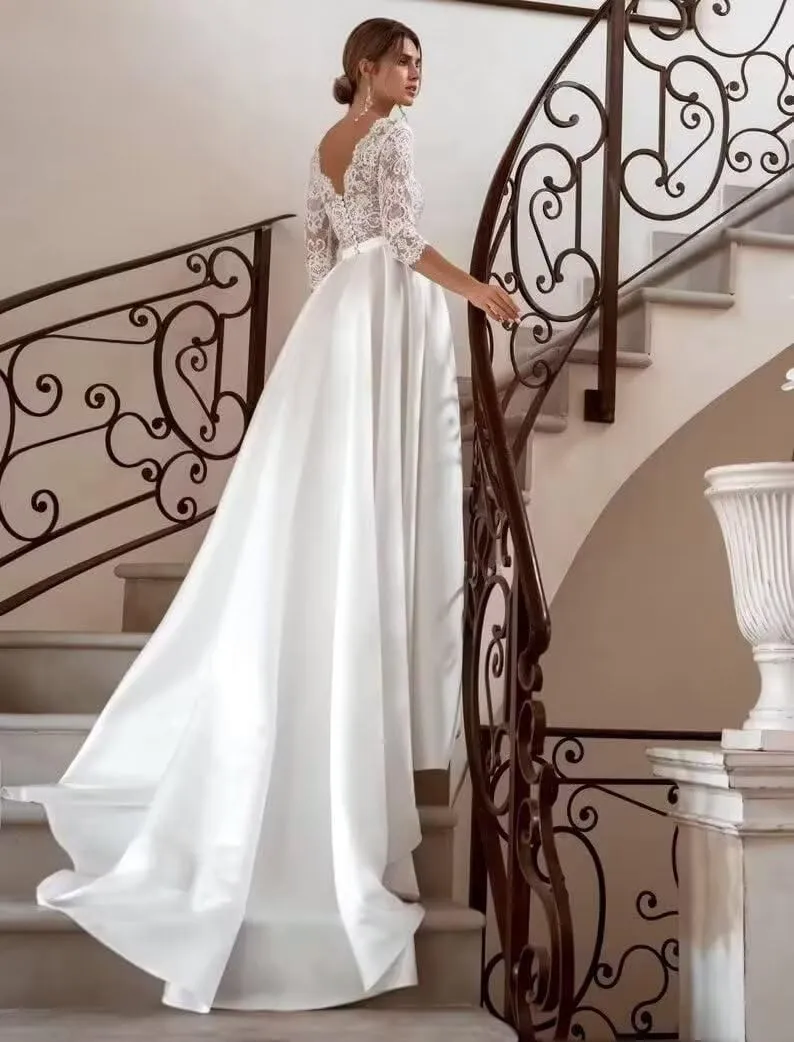 Women's Lace Wedding Dresses for Bride 2025 Long Sleeve Satin Mermaid Chiffon Bridal Gown with Slit