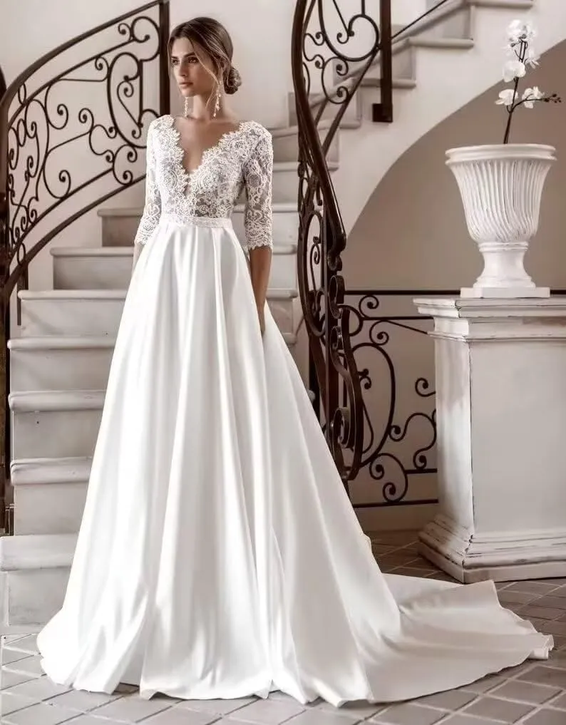 Women's Lace Wedding Dresses for Bride 2025 Long Sleeve Satin Mermaid Chiffon Bridal Gown with Slit
