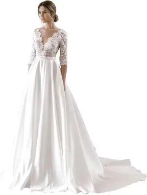 Women's Lace Wedding Dresses for Bride 2025 Long Sleeve Satin Mermaid Chiffon Bridal Gown with Slit