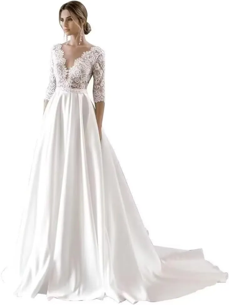 Women's Lace Wedding Dresses for Bride 2025 Long Sleeve Satin Mermaid Chiffon Bridal Gown with Slit
