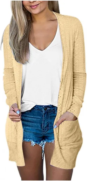 Women's Lightweight Open Front Cardigan Long Sleeve Sweater Long Sleeve Casual Eyelet Sweater with Pockets