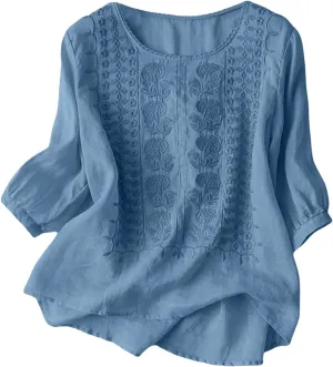 Women's Linen Blouse Tops Summer Shirts Loose Casual Work Tops Blouses Cotton Blouse Linen Shirt Roll Up Sleeve