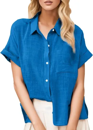 Womens Linen Button Down Shirt Casual Summer Tops Short Sleeve T-Shirt Loose Fit V Neck Collared Tunic Blouse W/Pocket