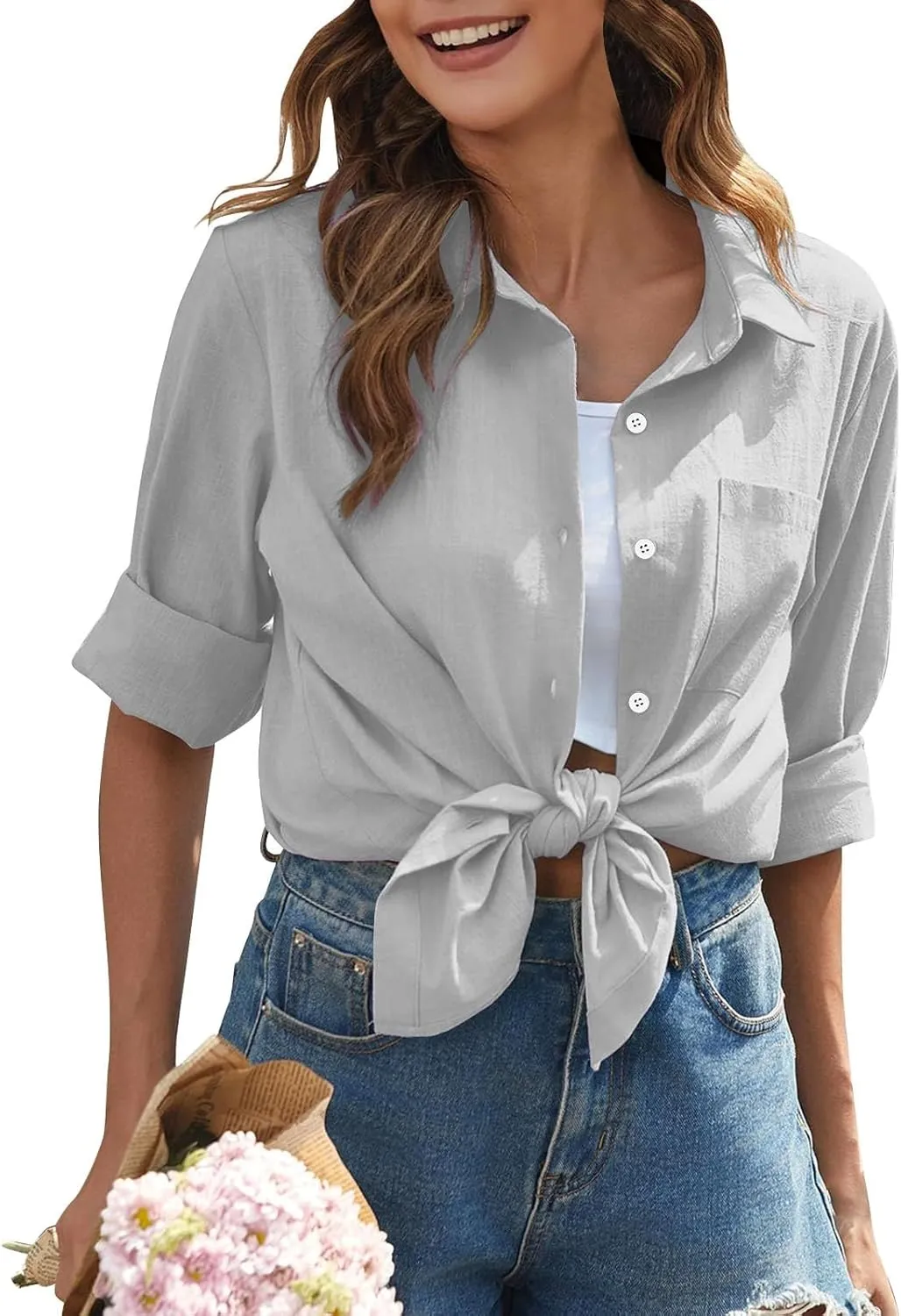 Womens Linen Button Down Shirts Women's Retro Floral Art Print Casual Long Sleeve Long Sleeve Cotton Gauze Tops