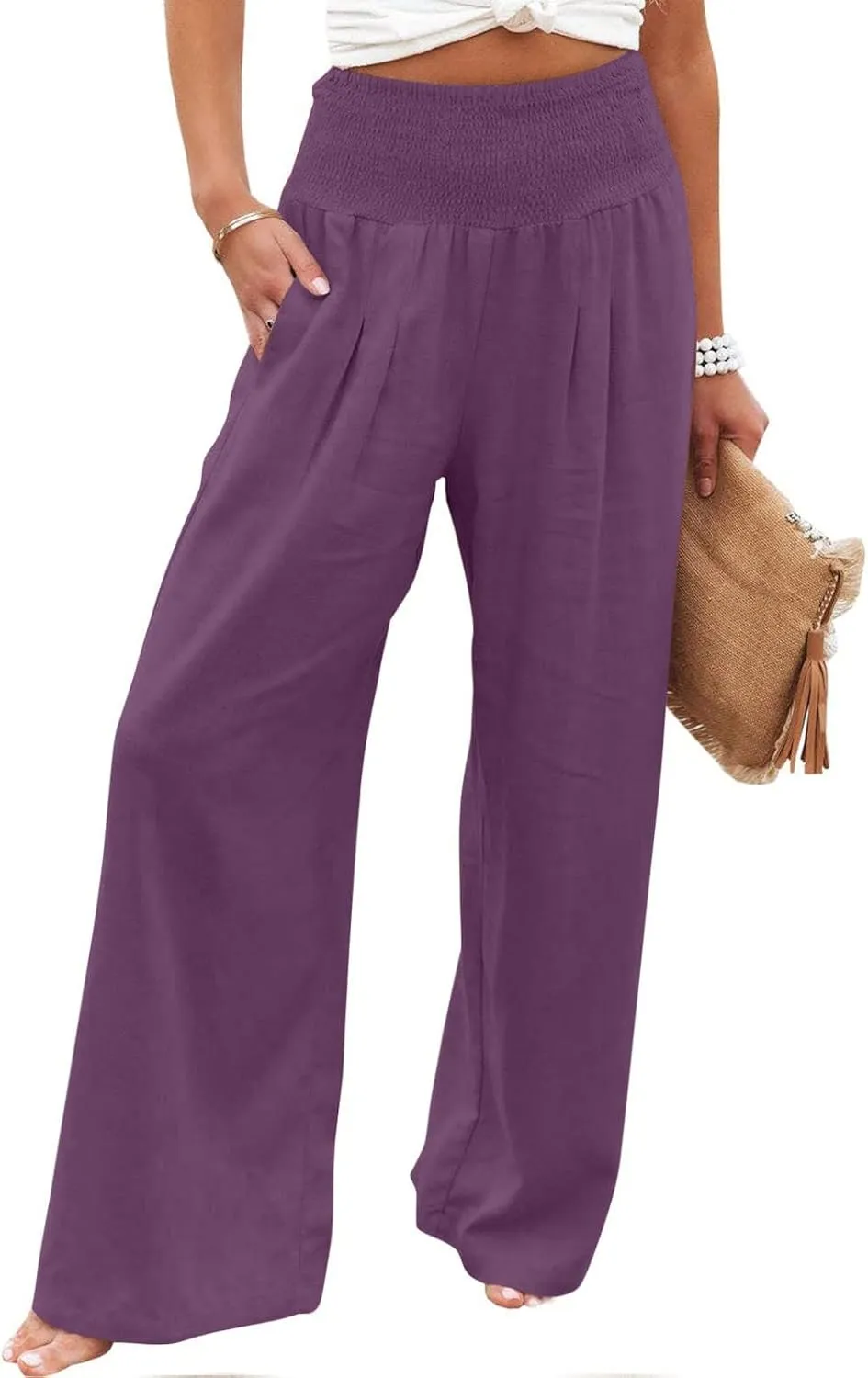 Womens Linen Pants 2025 Summer Casual Loose Wide Leg Palazzo Pants Smocked High Waist Flowy Beach Trousers Outfits