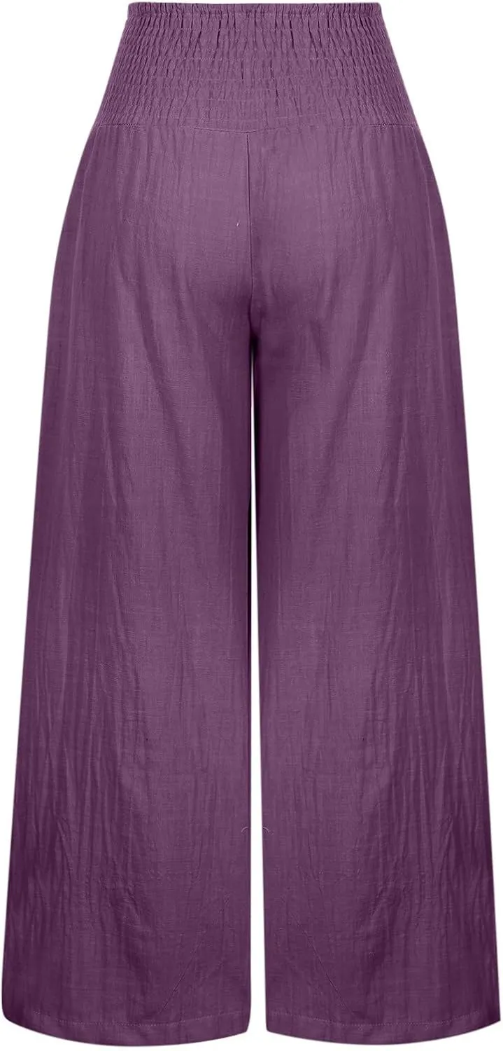 Womens Linen Pants 2025 Summer Casual Loose Wide Leg Palazzo Pants Smocked High Waist Flowy Beach Trousers Outfits