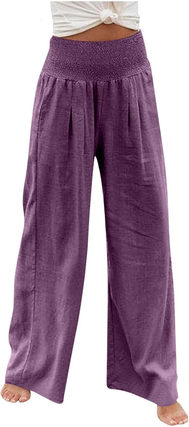 Womens Linen Pants 2025 Summer Casual Loose Wide Leg Palazzo Pants Smocked High Waist Flowy Beach Trousers Outfits
