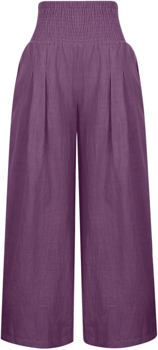 Womens Linen Pants 2025 Summer Casual Loose Wide Leg Palazzo Pants Smocked High Waist Flowy Beach Trousers Outfits