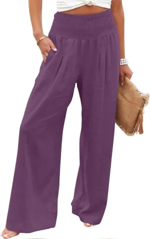 Womens Linen Pants 2025 Summer Casual Loose Wide Leg Palazzo Pants Smocked High Waist Flowy Beach Trousers Outfits