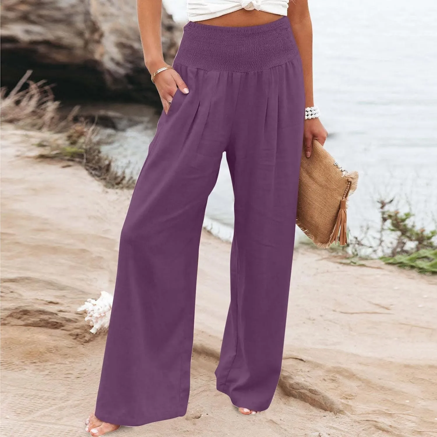 Womens Linen Pants 2025 Summer Casual Loose Wide Leg Palazzo Pants Smocked High Waist Flowy Beach Trousers Outfits