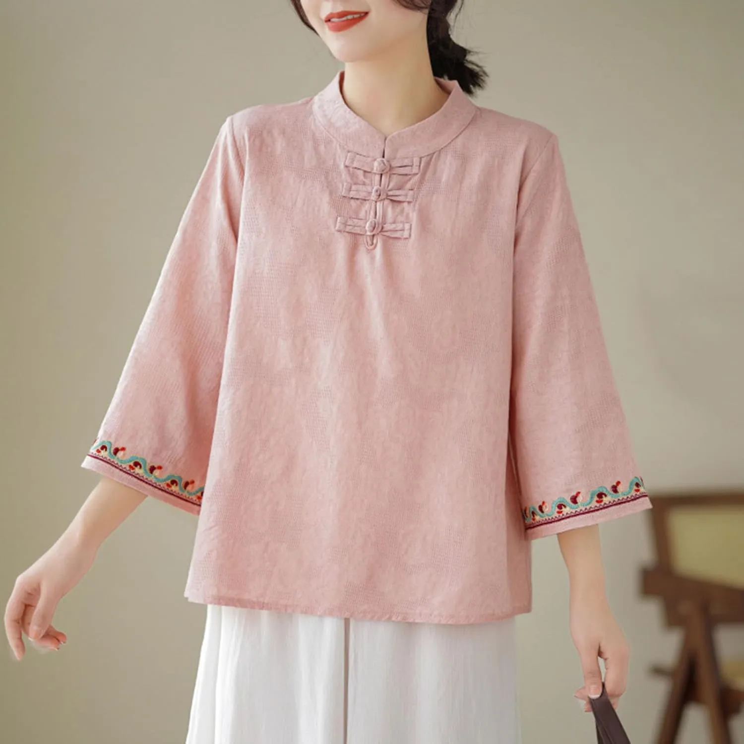 Women's Linen Retro Chinese Frog Button Tops Mandarin Collar Blouse Embroidery Long Sleeve Shirts Trendy