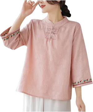 Women's Linen Retro Chinese Frog Button Tops Mandarin Collar Blouse Embroidery Long Sleeve Shirts Trendy