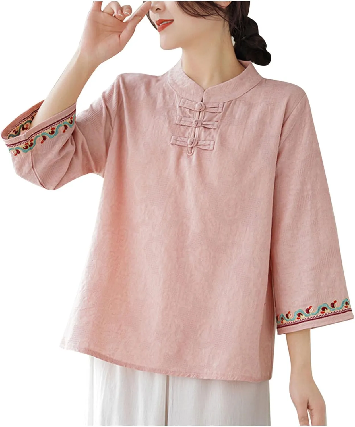 Women's Linen Retro Chinese Frog Button Tops Mandarin Collar Blouse Embroidery Long Sleeve Shirts Trendy