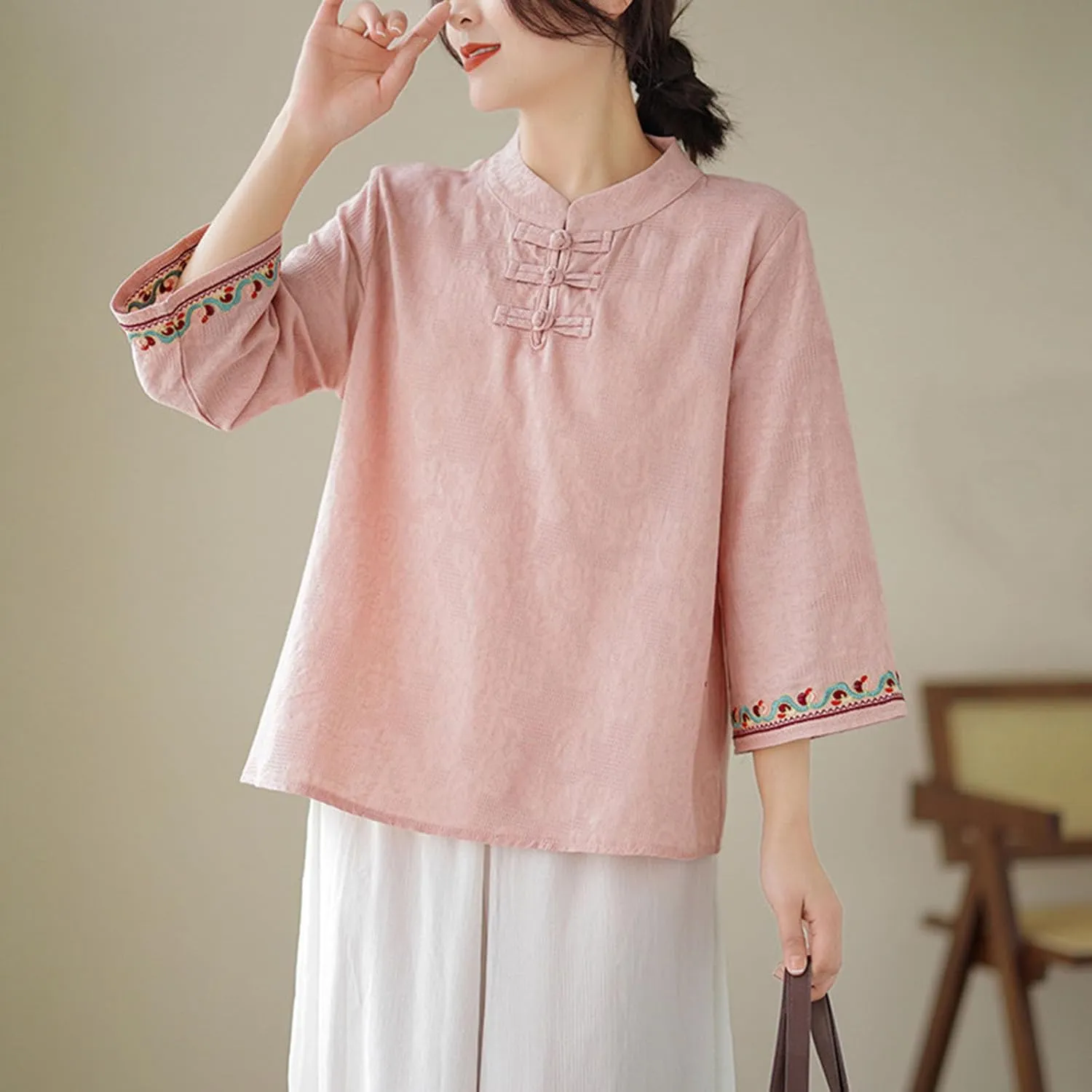 Women's Linen Retro Chinese Frog Button Tops Mandarin Collar Blouse Embroidery Long Sleeve Shirts Trendy