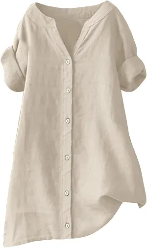 Women's Linen Shirts 2024 Solid Color Medium Sleeve Collar Casual Women's Shirt Women's Shirt Tops for Women Swim