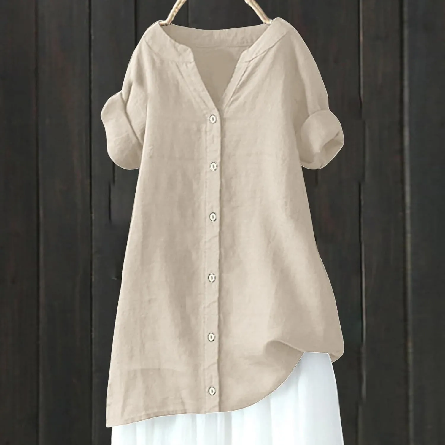 Women's Linen Shirts 2024 Solid Color Medium Sleeve Collar Casual Women's Shirt Women's Shirt Tops for Women Swim