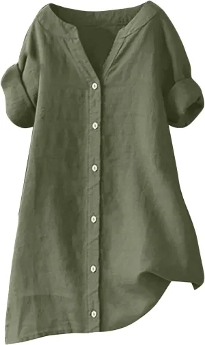 Women's Linen Shirts 2024 Solid Color Medium Sleeve Collar Casual Women's Shirt Women's Shirt Tops for Women Swim