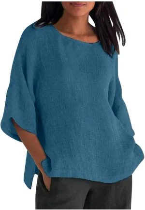 Womens Linen Shirts Short Sleeve Casual T-Shirts Trendy Loose Fit Round Neck Blouse Fashion Solid Color Tops
