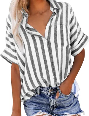 Women's Linen V Neck Button Down Shirt Roll Up Short Sleeve Casual Collared Work Blouse Loose Top Trendy