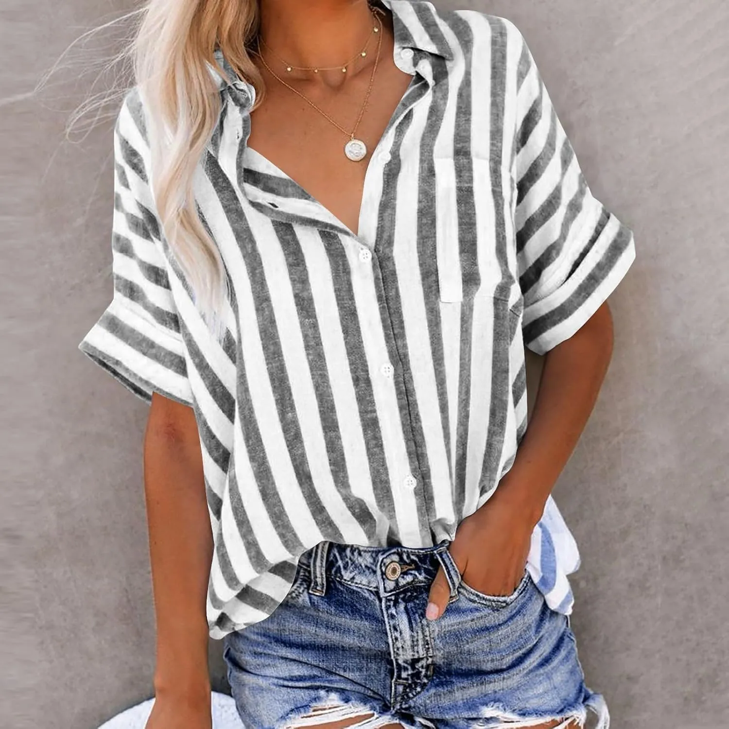 Women's Linen V Neck Button Down Shirt Roll Up Short Sleeve Casual Collared Work Blouse Loose Top Trendy