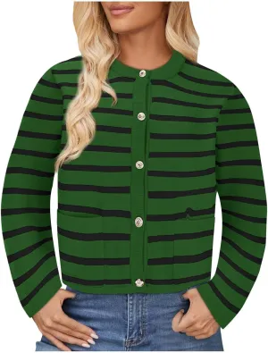 Women's Long Sleeve Cardigan Button up Collared Striped Graphic Sweater Coat Fashion Casual Cardigans