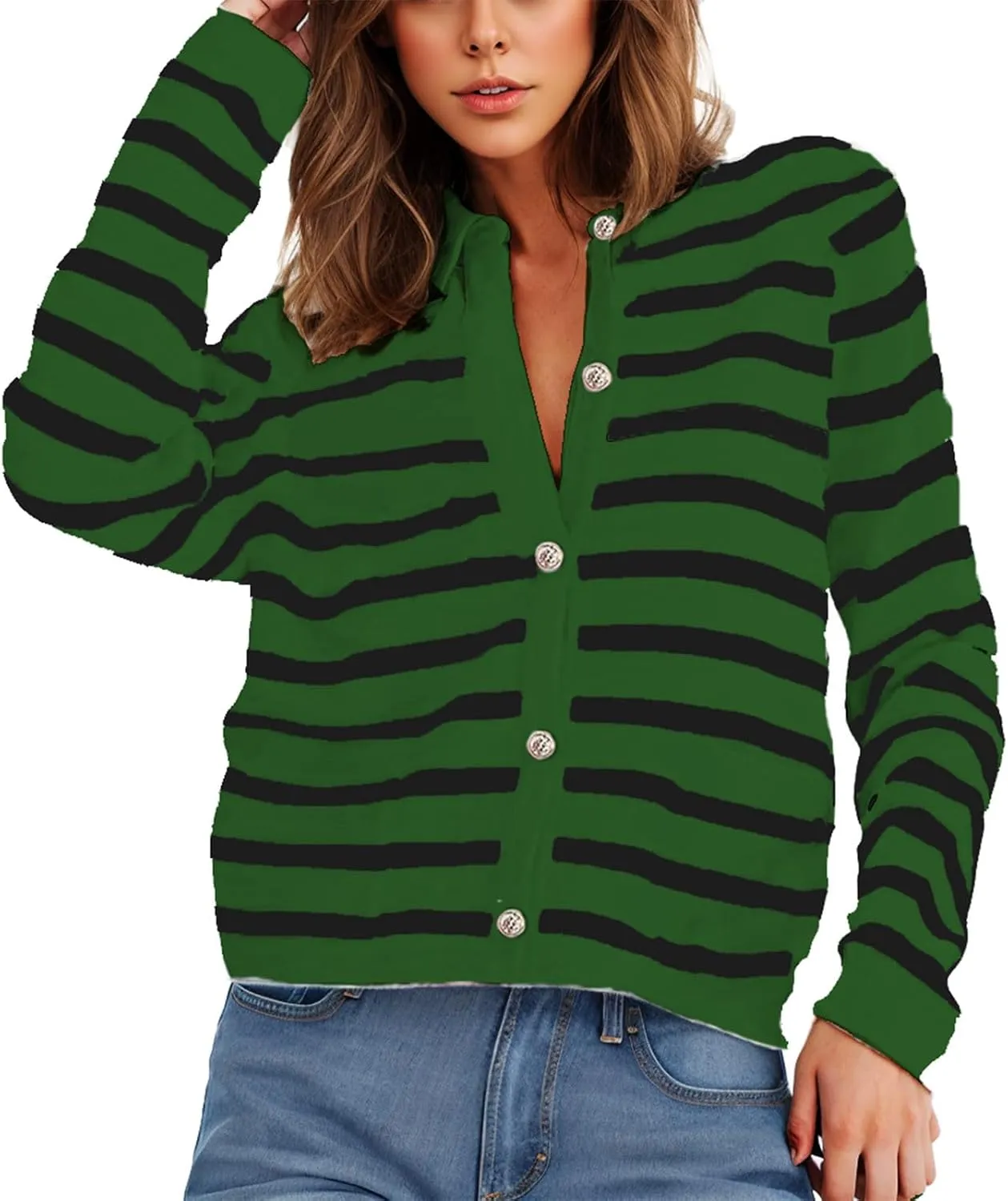 Women's Long Sleeve Cardigan Button up Collared Striped Graphic Sweater Coat Fashion Casual Cardigans