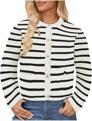 Women's Long Sleeve Cardigan Button up Collared Striped Graphic Sweater Coat Fashion Casual Cardigans