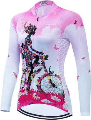 Women's Long Sleeve Cycling Jersey, Quick Dry Bike Top with Reflective Strip, Zipper and Pockets