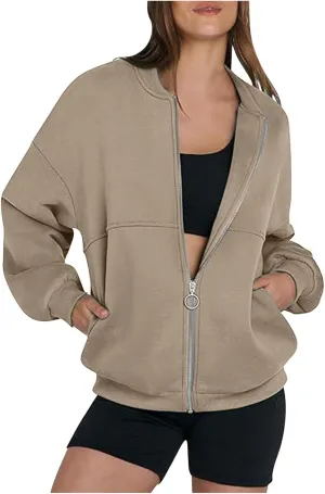 Women's Long Sleeve Full Zipper Sweatshirt Casual Pullover Tops Loose Fashion Casual Jackets with Pocket