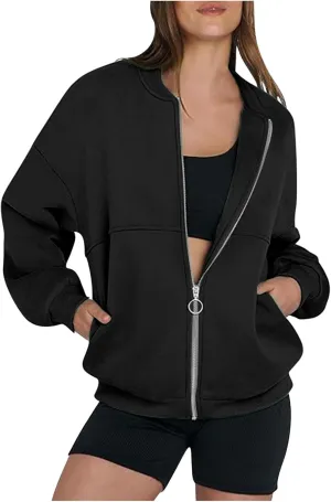 Women's Long Sleeve Full Zipper Sweatshirt Casual Pullover Tops Loose Fashion Casual Jackets with Pocket