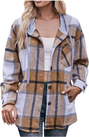 Women's Long Sleeve Plaid Hoodie Jacket Button Down Blouse Tops Drawstring Casual Fall Boyfriend Shirts with Pocket