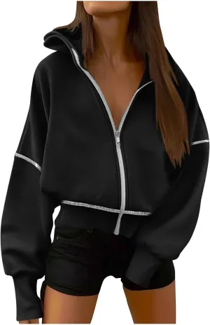 Womens Long Sleeve Trendy Hooded Sweatshirts Drop Shoulder Full Zipper Pullover Loose Casual Fleece Sweatshirts