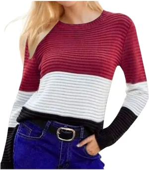 Women's Loose Fit Sweater Long Sleeve Crewneck Color Block Sweaters Fashion Lightweight Pullovers