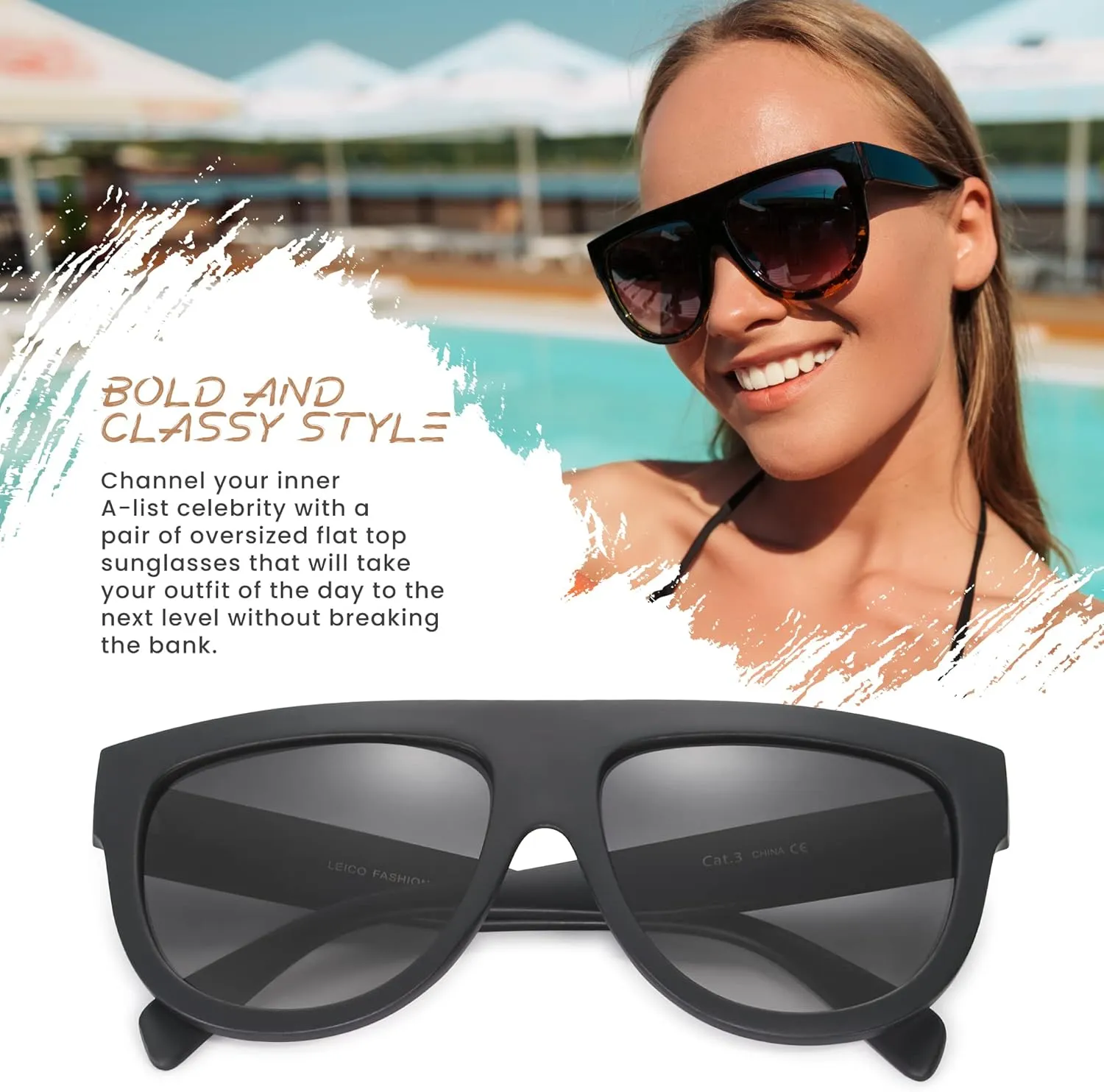 Women's Oversized Flat Top Fashion Sunglasses Trendy Big Square Designer Retro Sun Glasses Shades