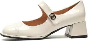 Women's Patent Leather Classic Mary Jane Chunky Heel,Dressy Round Toe Pumps,Retro Mary Jane Soft Work Low Heels