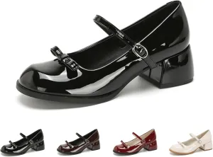 Women's Patent Leather Low Chunky Block Heel Mary Jane Pumps Fashion Classic Bowknots Round Toe Buckle Strap Work Pumps Casual Business Office Wedding Dress Shoes