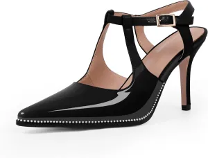 Women's Patent Leather T-Strap Stilettos High Heels Closed Pointed Toe Buckle Strap Dress Shoes Sexy Pumps