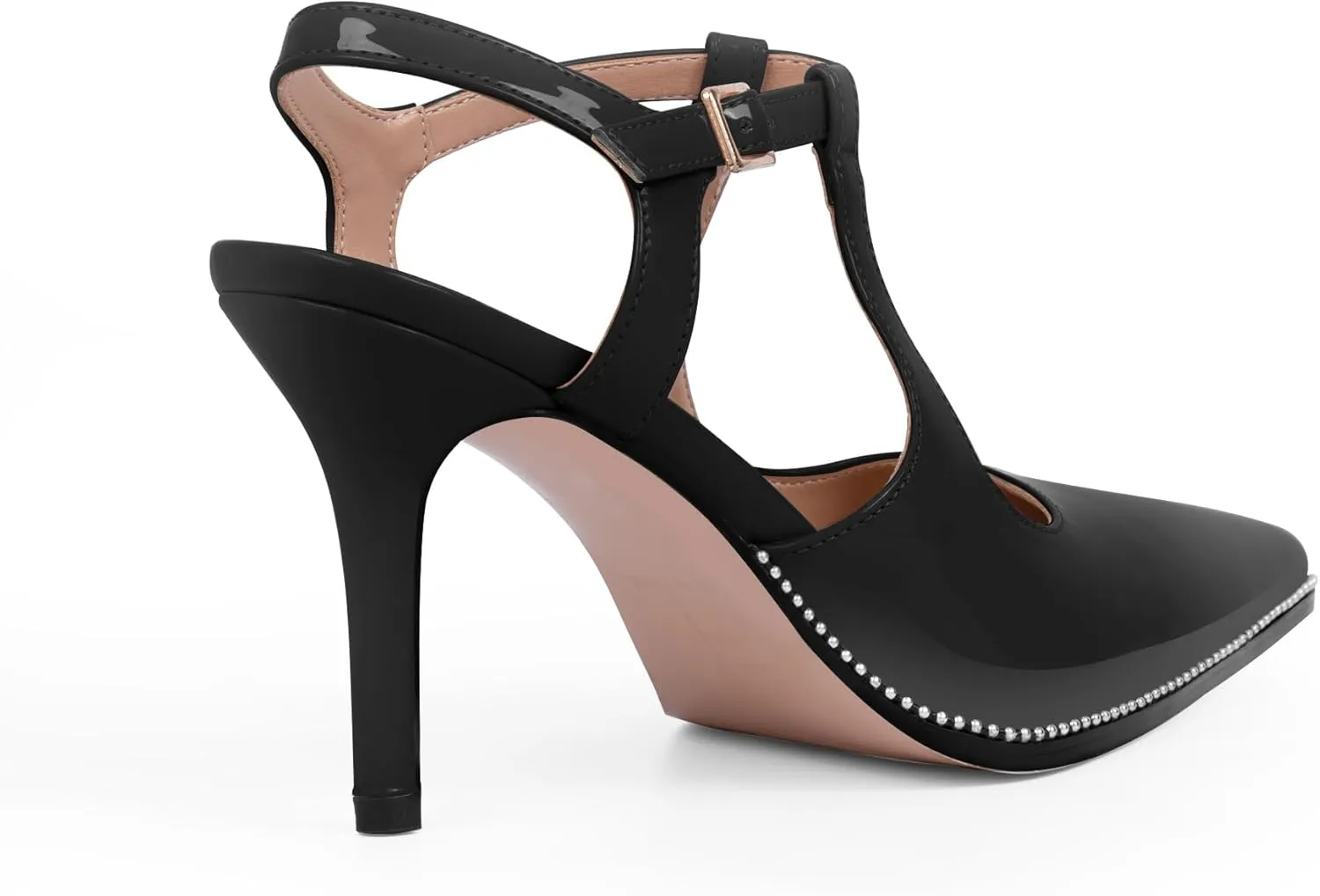 Women's Patent Leather T-Strap Stilettos High Heels Closed Pointed Toe Buckle Strap Dress Shoes Sexy Pumps